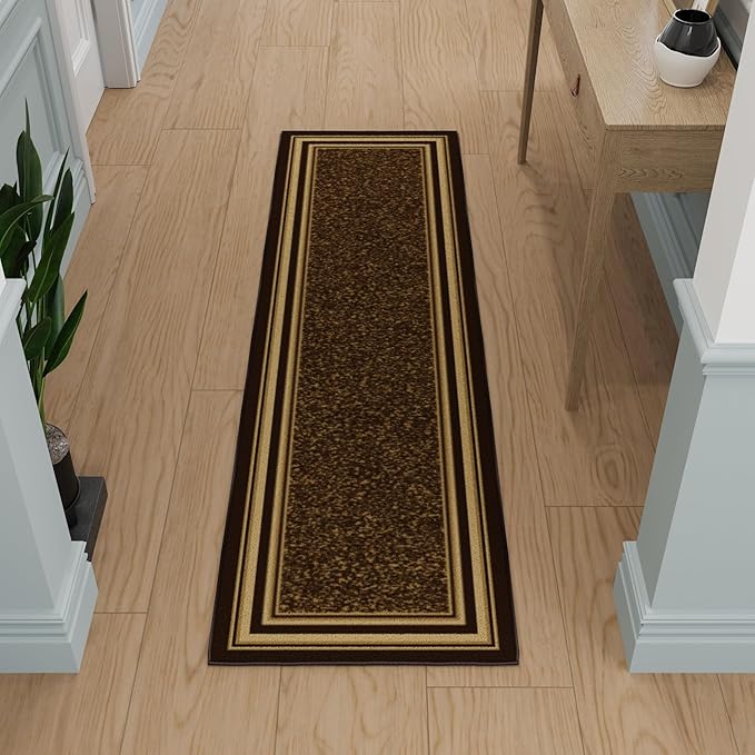 Ottomanson Hallway Runner Rug 1'10" x 7' Non Slip Border Area Rugs Easy to Clean Laundry Rug Runner Durable & Pet Friendly Floor Carpet Runners for Hallways Entryway Living Room Kitchen, Brown