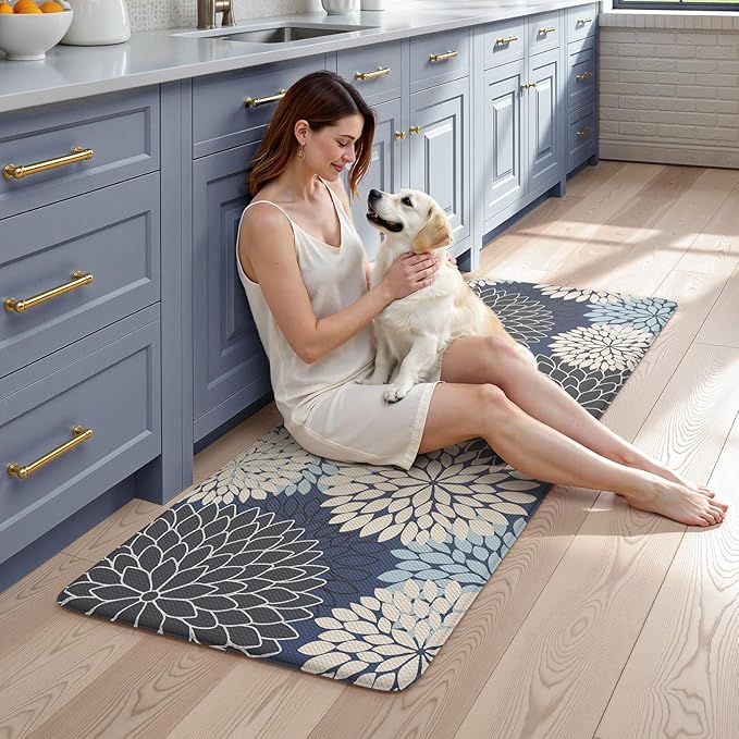KIMODE Anti Fatigue Kitchen Mats for Floor, Boho Floral Kitchen Rugs 24" x 59", Cushioned Mats for Kitchen Floor, Non Slip Kitchen Floor Mats, Sink, Laundry, Office,Blue Multi