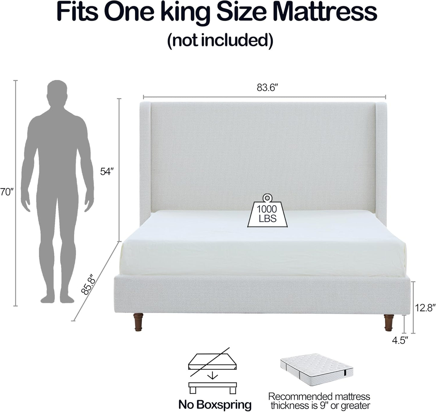 King 54" Harper Tall Headboard Wingback Upholstered Platform Bed Frame Premium Boucle Elegant Simplicity for Bedroom Strong Wood Slats Support No Box Spring Needed No Noise Cream White