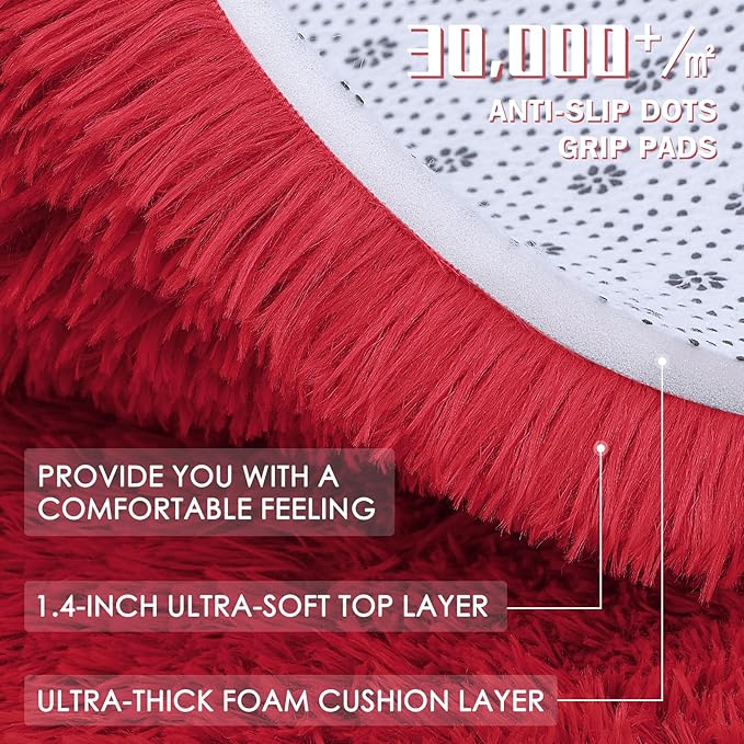 OLANLY Red Round Rugs for Bedroom - Machine Washable, 3 ft Circle Area Rugs for Living Room, Soft and Fluffy Shaggy Carpet for Teen Girls and Boys, Nursery Rooms, Dorms, Home Decor Aesthetic