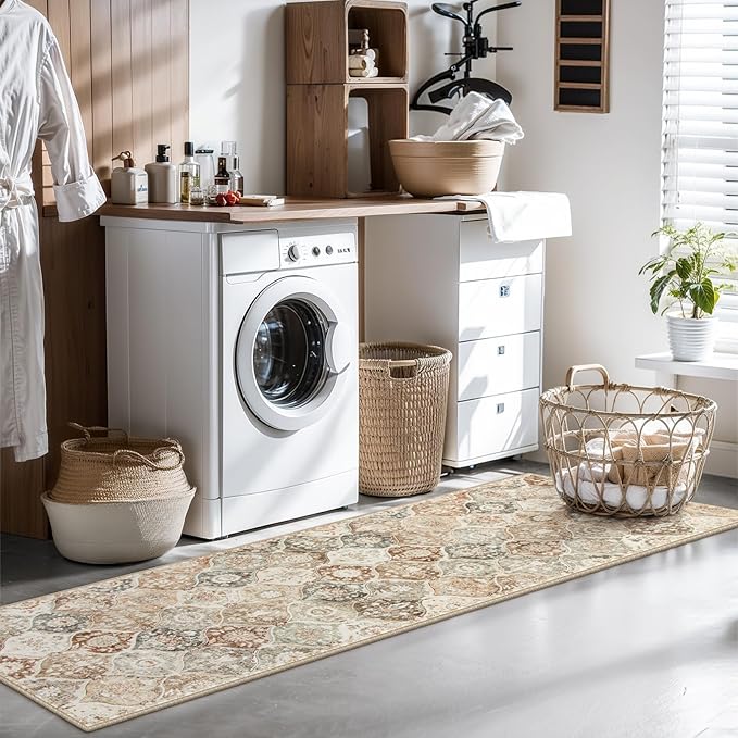 Lahome Moroccan Trellis Hallway Runner Rug, 2x6 Kitchen Runner Rugs Non Skid Washable, Vintage Laundry Room Rug Ultra-Thin Long Carpet for Bathroom Bedroom Entryway, Khaki
