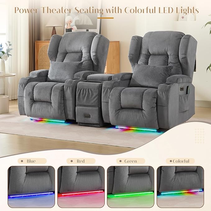 Wall Hugger Power Recliner Chair, Home Theater Seating Electric Recliing Sofa with Massage & Heat, Cup Holder, USB Port, LED Ambient Light, Storage for Living Room (Grey, 2 Chairs + Console)