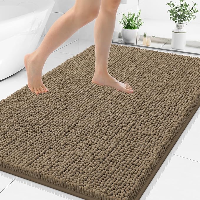 Smiry Luxury Chenille Bathroom Rugs 50x30, Extra Soft and Absorbent Shaggy Bath Mat, Machine Washable, Non-Slip Plush Carpet Runner for Tub, Shower, and Floor, Home Decor Accessories, Camel