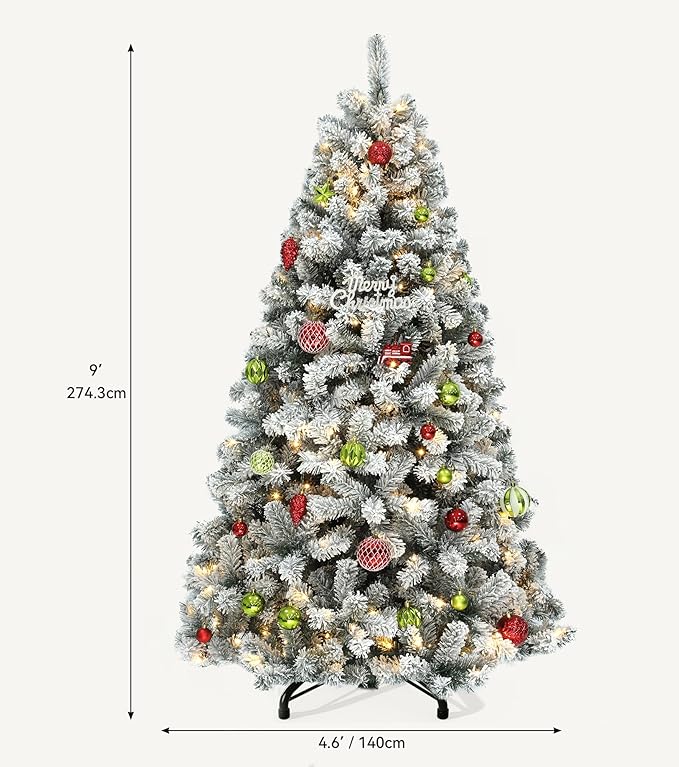 DWVO 9 ft Prelit Snow-Flocked Artificial Pine Christmas Tree, Full Xmas Tree with 900 Lights, 11 Lighting Modes, 2094 Tips, Foldable Base for Home and Party Decor