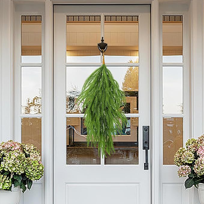 2 Pcs Artificial Christmas Teardrop Swag, 28" Faux Pine Needles Teardrop Door Swag, Christmas Norfolk Greenery Teardrop Wreath for Xmas Holiday Door Table Mantle Fireplace Indoor Outdoor Decor