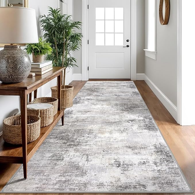 IOHOUZE Abstract Runner Rug 3x10 Ft Washable Runners for Hallways, Non Slip Kitchen Runner Printed Faux Wool Entryway Runner Indoor, Modern Abstract Floor Carpet for Hall Bedroom, Grey Beige