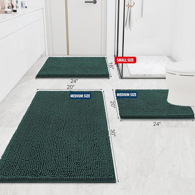 Smiry Luxury Chenille Bathroom Rugs 36x24, Extra Soft and Absorbent Shaggy Bath Mat, Machine Washable, Non-Slip Plush Carpet Runner for Tub, Shower, and Floor, Home Decor Accessories, Green