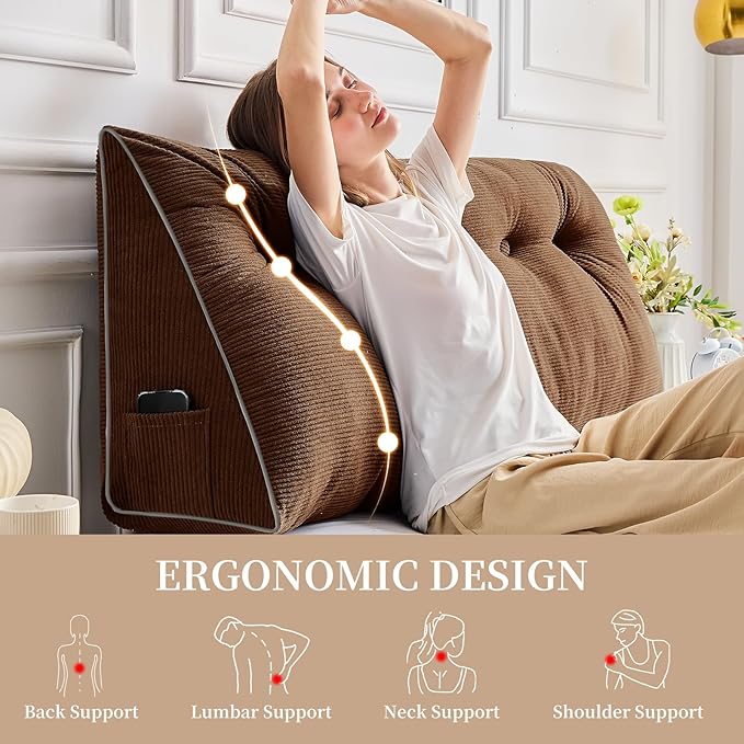 Sasttie Headboard Pillow Full, Wedge Pillow Headboard for Sitting Up in Bed, Back-Rest Support Triangular Cushion for Reading - Features Removable Washable Cover, Brown