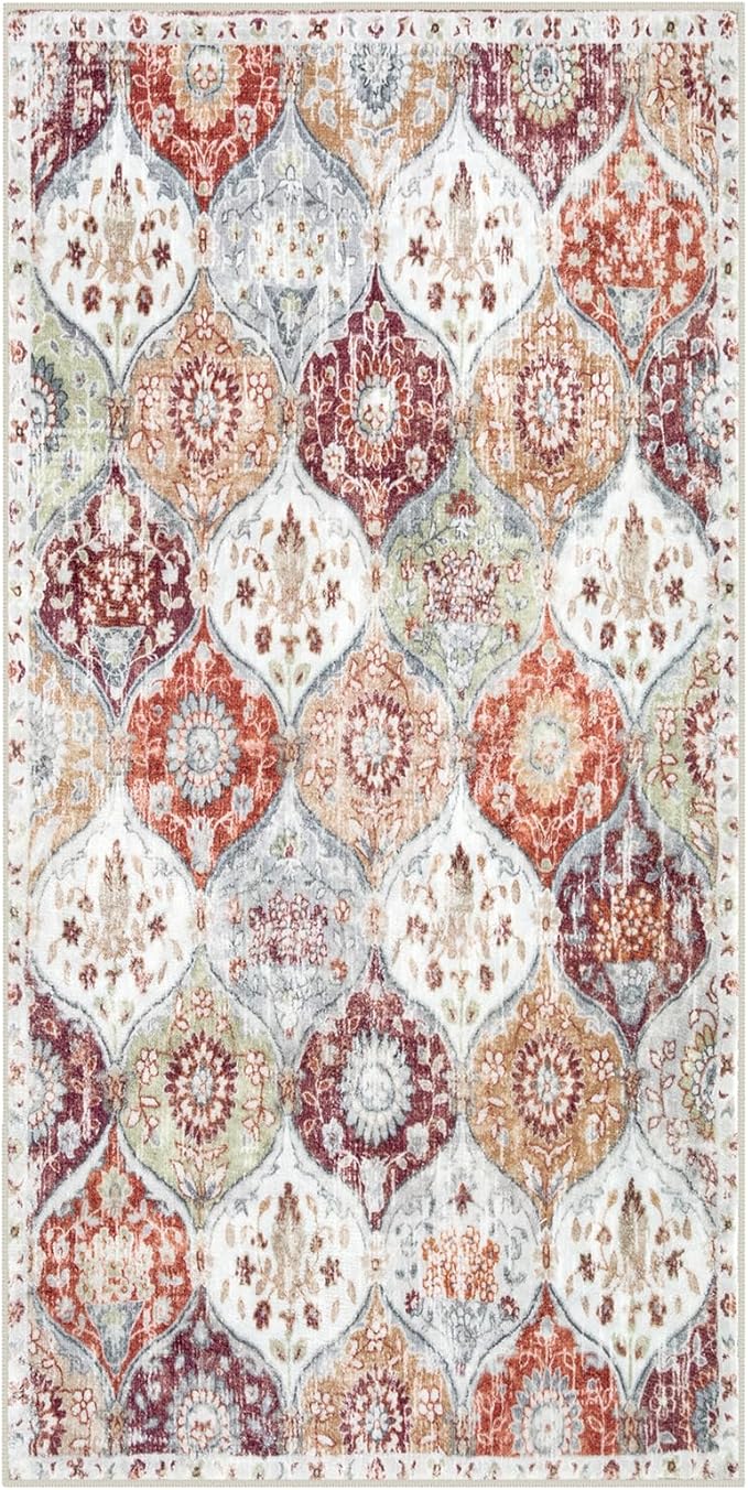 Lahome Washable Entryway Rug, 2x4 Kitchen Rugs for Entryway Bathroom, Non-Slip Indoor Door Mat Ultra-Thin, Small Oriental Throw Carpet for Bedroom Entry, Orange/Terracotta