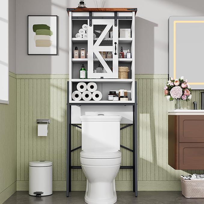 Over The Toilet Storage Cabinet, Above Toilet Storage Cabinet with Adjustable Shelves and Barn Door, Farmhouse Behind Toilet Bathroom Organizer for Bathroom, Laundry Room, Off-White
