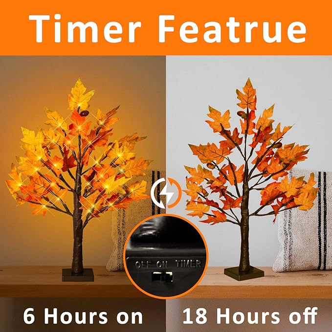 FastDeng 2ft Tabletop Lighted Maple Tree, 36 LED Warm White Artificial Fall Tree Lights with 6pcs Acorn Timing Battery Operated for Indoor Autumn Harvest Home Decor, Thanksgiving Decorations