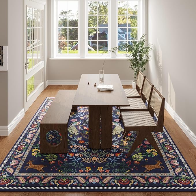Living Room Rug 6x9 Rug Machine Washable Area Rug Floral Non-Slip Low Pile Large Rug for Living Room, Bedroom, Farmhouse, Dining Room, Kids Playroom(Blue)