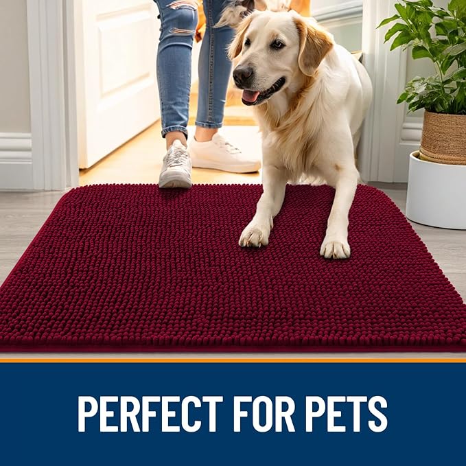 OLANLY Dog Door Mat for Muddy Paws 40x24, Absorbs Moisture and Dirt, Absorbent Non-Slip Washable Doormat, Quick Dry Chenille Mud Mat for Dogs, Entry Indoor Entryway Carpet for Inside Floor, Burgundy