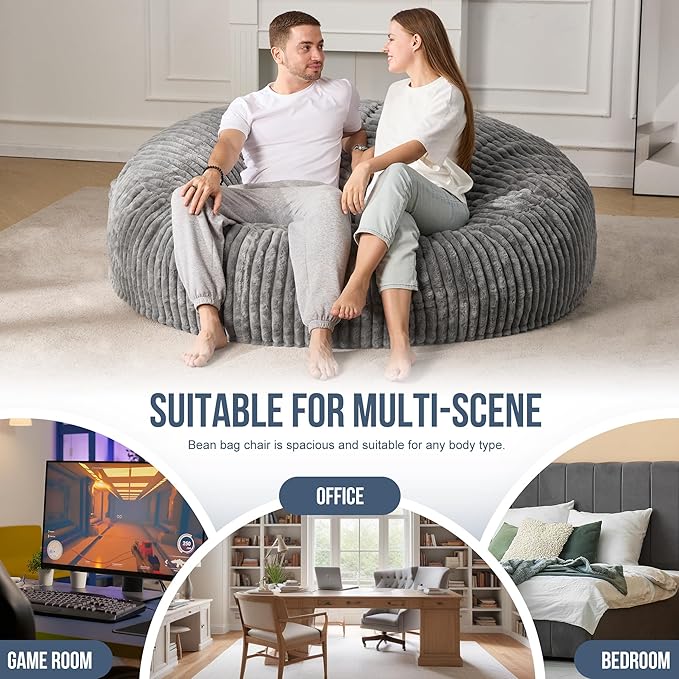 Hobestluk 6ft Bean Bag Chairs for Adults Large Beanbag Chair with Stripe Plush Cover Big Bean Bag Chair for Living Room Bedroom Dorm Office - Grey (70" x 70" x 15")