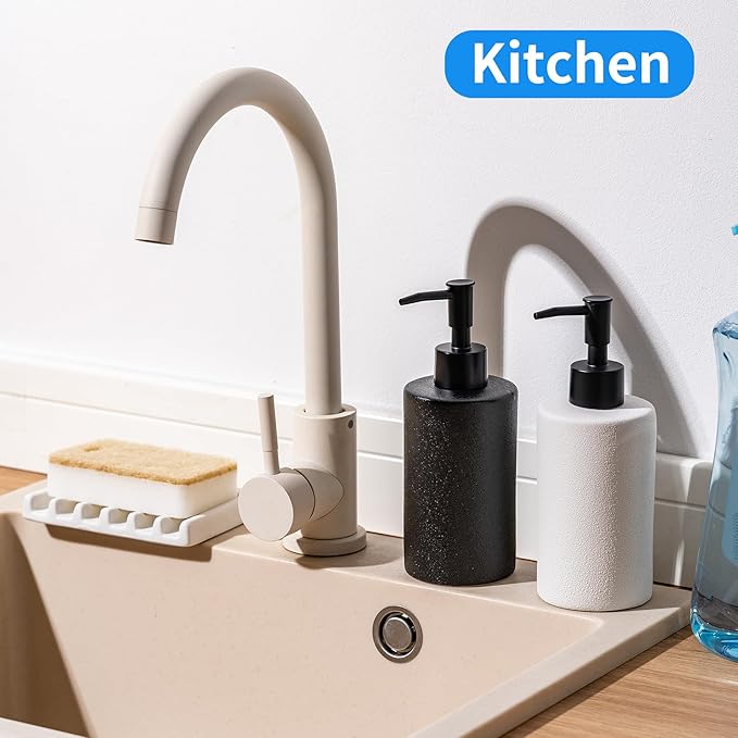 TANEW 2-Pack Black & White Ceramic Hand Soap Dispenser Set 12oz Refillable for Essential Oil, Dish Soap or Lotion - Countertop Soap Dispensers for Bathroom, Sink, Kitchen