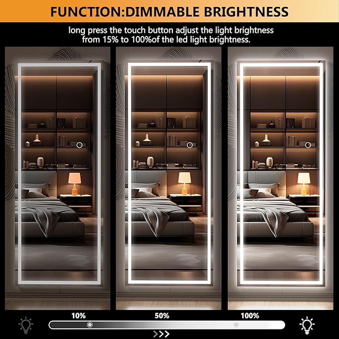Hasipu LED Door Mirror Full Length, 44" x 15.8" Lighted Over The Door Hanging, Full Body Wall Mounted, Light Up Long Dressing, Square White
