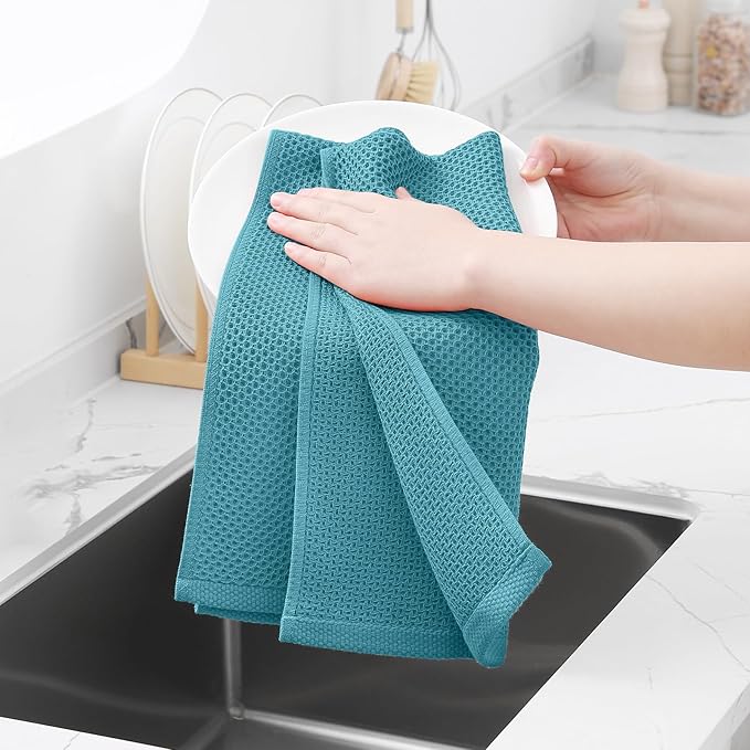 Homaxy 100% Cotton Waffle Weave Kitchen Dish Towels, Ultra Soft Absorbent Quick Drying Cleaning Towel, 13 x 28 Inches, 4-Pack, Lake Blue