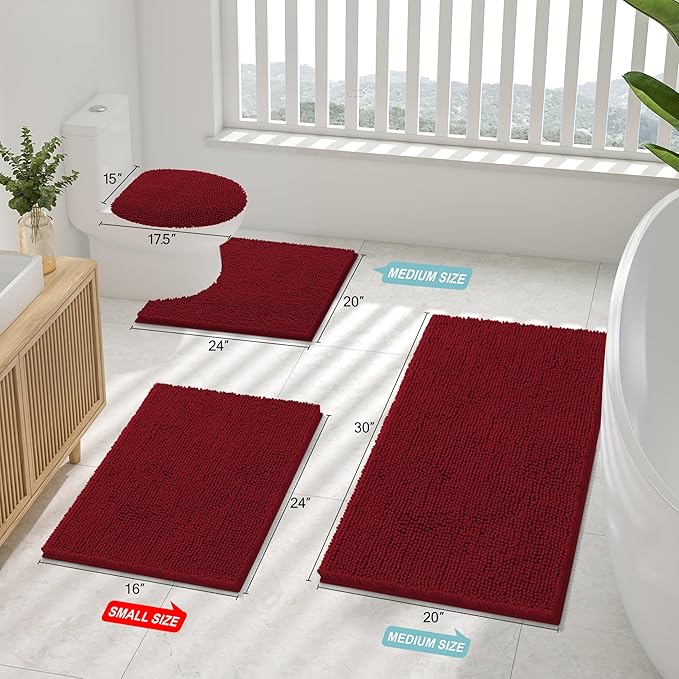 Smiry Luxury Chenille Bathroom Rugs 30x20, Extra Soft and Absorbent Shaggy Bath Mat, Machine Washable, Non-Slip Plush Carpet Runner for Tub, Shower, and Floor, Home Decor Accessories, Red