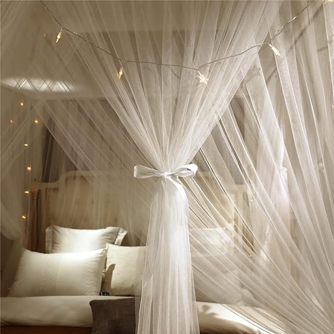 VETHIN 4 Corners Post Princess Bed Canopy Curtain Double Layer Cozy Drape Netting 4 Opening Mosquito Net for Girls & Adults Bedroom Decoration Accessories (Double White, 53" W*78" L*82"*H/(Full))