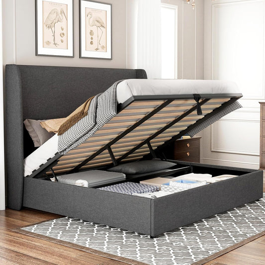 Jocisland King Size Bed Frame Lift Up Storage Bed Upholstered Platform Bed with Wingback Headboard/Hydraulic Storage/No Box Spring Needed/Wood Slats Support/Dark Grey