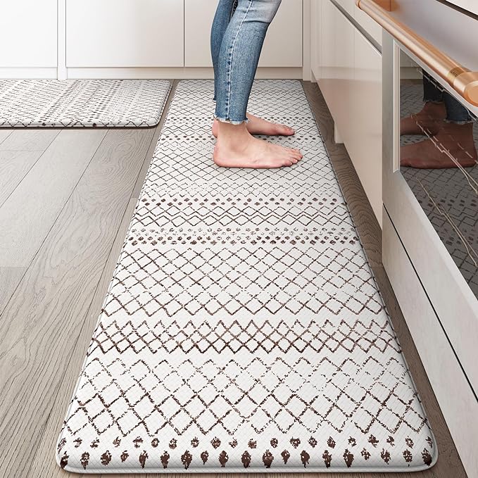 KIMODE Anti Fatigue Kitchen Mats 2PCS 17"x59"+17"x29", Cushioned Boho Kitchen Runner Rugs,Non Slip Waterproof Kitchen Mats for Floor,Comfort Standing Desk Mat for Home,Sink,Laundry,Brown and White