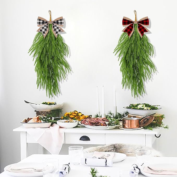 2 Pcs Artificial Christmas Teardrop Swag with Plaid Bow, 28" Faux Pine Needles Teardrop Door Swag, Christmas Norfolk Greenery Teardrop Wreath for Xmas Door Mantle Fireplace Indoor Outdoor Decor