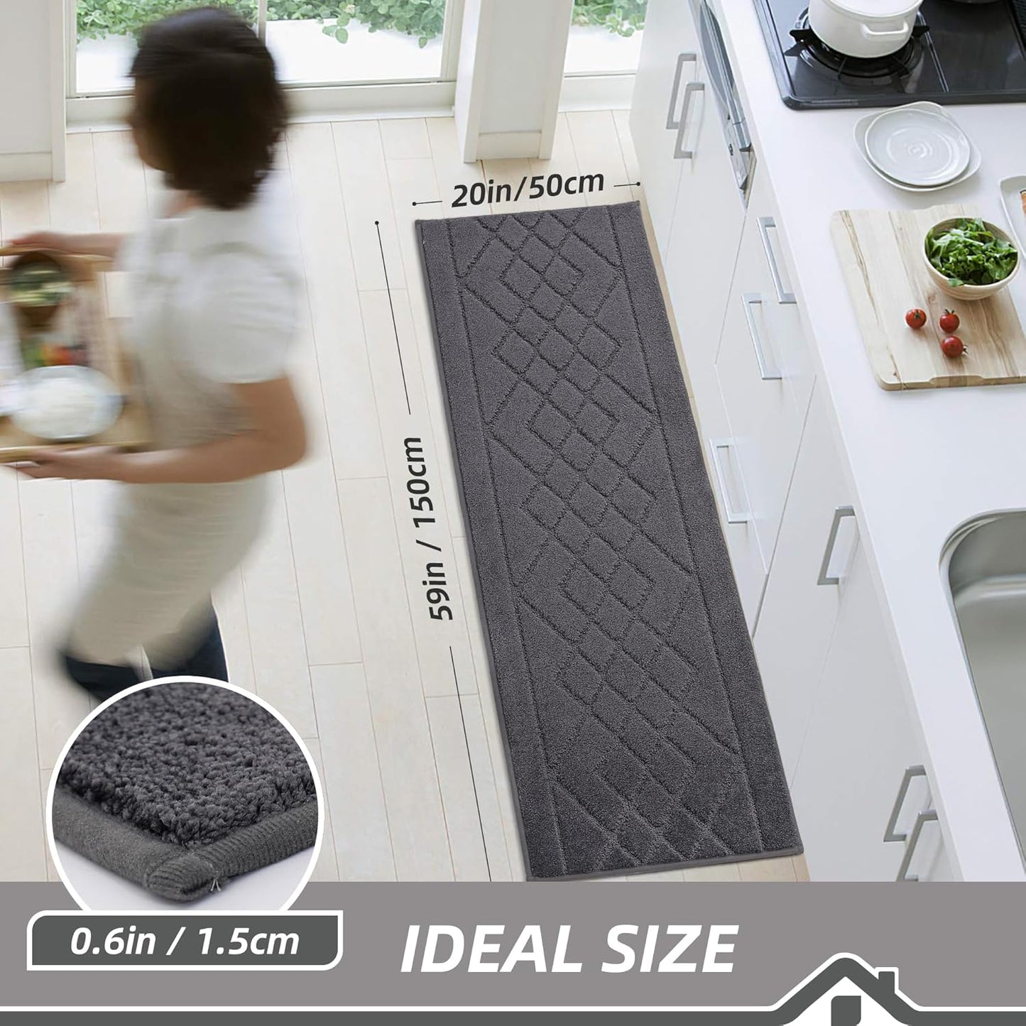 BEQHAUSE Kitchen Rugs Non Slip Washable Kitchen Mats for Floor Soft Kitchen Runner Absorbent Rugs for Kitchen,Sink & Laundry, 20”x59”, Dark Grey