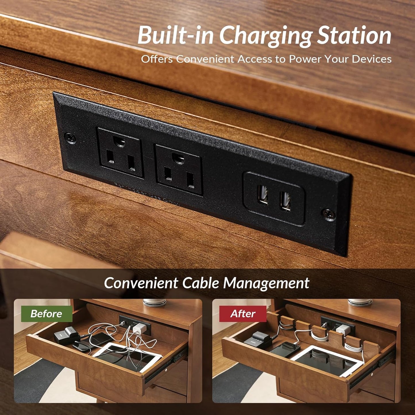 HULALA HOME Nightstand with Charging Station, Mid-Century Modern 2 Drawer and Open Shelf Bedside Tables, Wood Night Stand with USB Ports and Outlets for Bedroom, Acorn