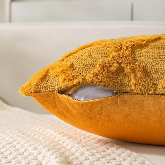 Set of 2 Soft Moroccan Throw Pillow Covers 22x22 Inch Plush Boho Decorative Pillow Cover Accent Cushion Case for Couch Sofa Bed, Mustard Yellow