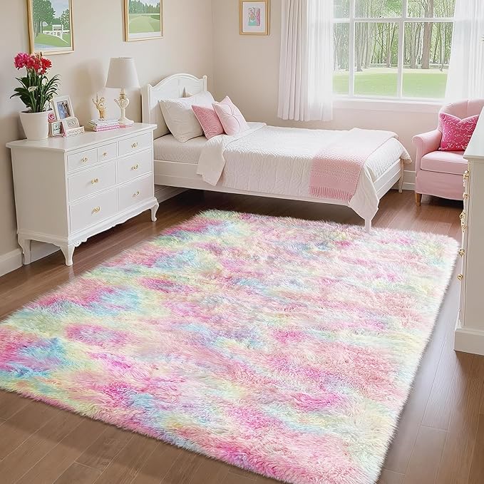 Ophanie Rainbow Colorful Rugs for Living Room 5x8, Unicorn Fluffy Shag Fuzzy Plush Soft Carpets, Floor Shaggy Area Rugs for Bedroom, Carpet for Kids Girls Dorm Nursery Home Decor Aesthetic