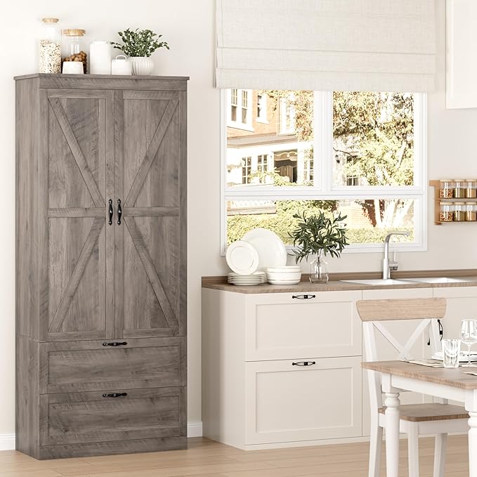 HOSTACK 70" Tall Kitchen Pantry Storage, Barn Doors Pantry Cabinet with Drawers and Adjustable Shelf, Modern Farmhouse Storage Cabinet for Kitchen, Dining Room, Living Room, Bathroom, Ash Grey