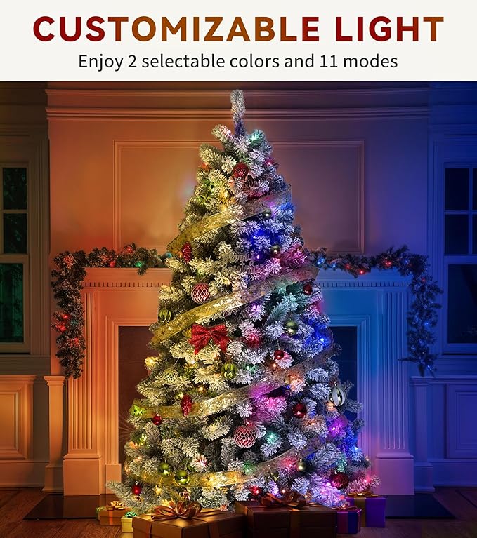 DWVO 9 ft Prelit Snow-Flocked Artificial Pine Christmas Tree, Full Xmas Tree with 900 Lights, 11 Lighting Modes, 2094 Tips, Foldable Base for Home and Party Decor