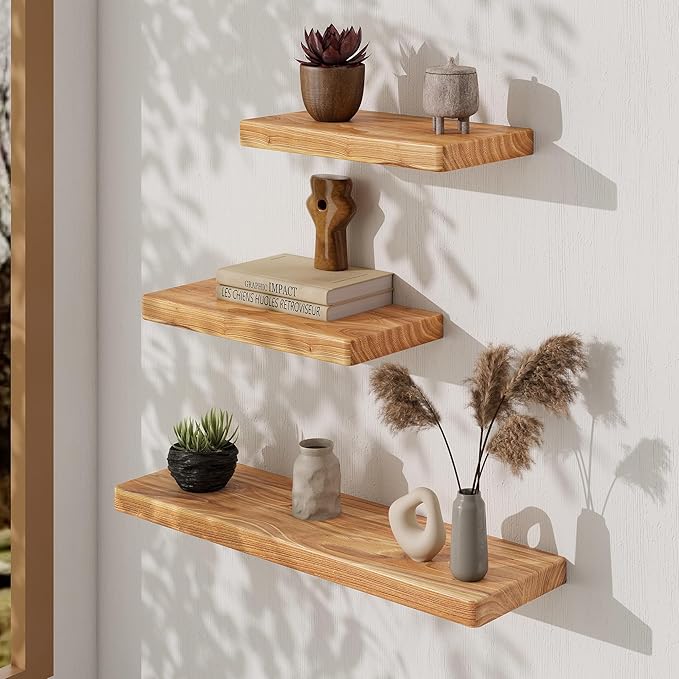 Rustic Solid Elm Wood Floating Shelves, 18" W x 8" D Floating Shelf Wall Mounted, 8 Inch Deep Wall Shelves, Wooden Bathroom Shelf for Home, Deep Bookshelf for Living Room, Set of 2