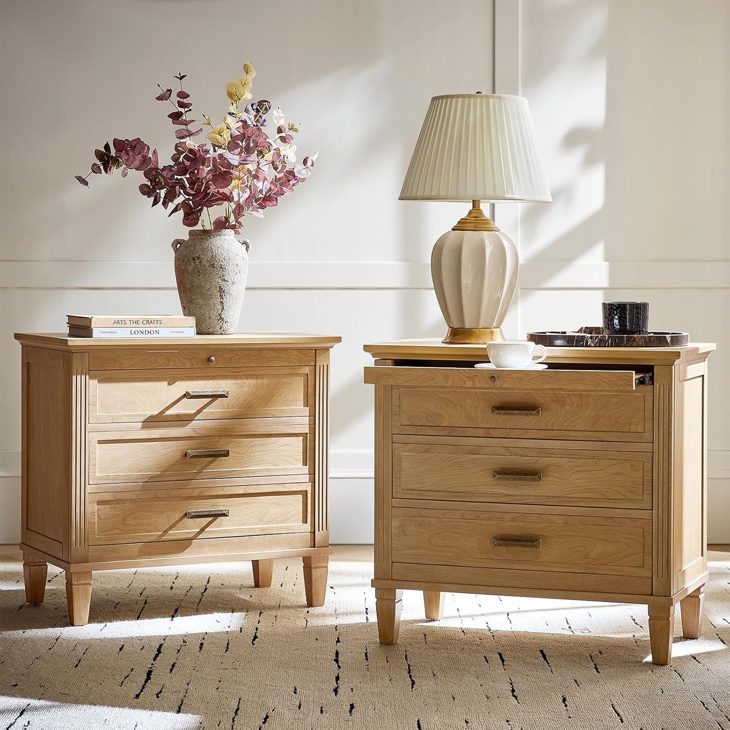 HULALA HOME Farmhouse Nightstand with Charging Station, Pull-Out Tray, 3 Drawers Nightstand with Solid Wood Legs, Wood Veneer Bedside Table with Open Shelf Set of 2, Natural