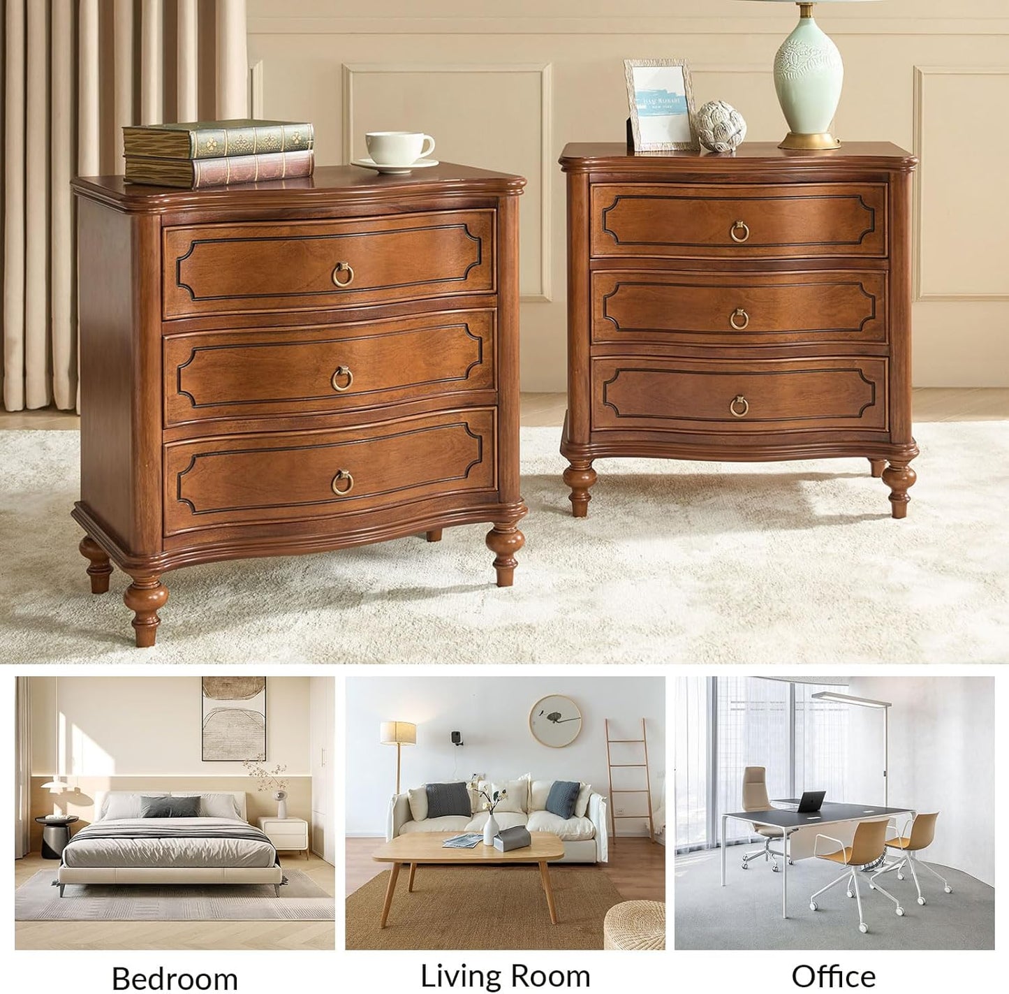 HULALA HOME Wood Nightstands Set of 2 with Charging Station for Bedroom, 3 Drawers Traditional Nightstands, Side Table with Solid Wood Legs, USB Ports & Three-Prong Plugs, Walnut
