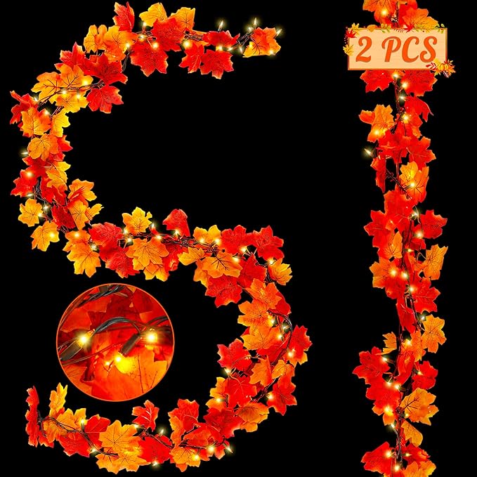 2 Pack Fall Decorations for Home, 18FT Fall Garland for Mantle, 100 Orange Bulbs Plug in Fall Garland with Lights, Connectable Maple Leaves Light for Indoor Outdoor Decorations