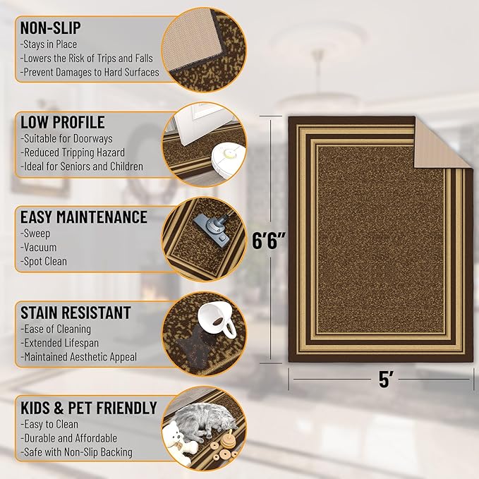 Ottomanson 5' x 6'6" Rugs for Living Room Border Area Rug for Bedroom - Non Slip Durable Large Floor Carpet for High Traffic Areas - Indoor Rug for Dining Room Kitchen Kids Playroom, Brown