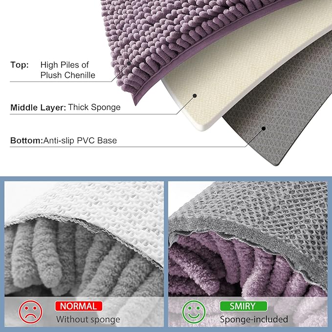 Smiry Luxury Chenille Bathroom Rugs 24x16, Extra Soft and Absorbent Shaggy Bath Mat, Machine Washable, Non-Slip Plush Carpet Runner for Tub, Shower, and Floor, Home Decor Accessories, Deep Plum