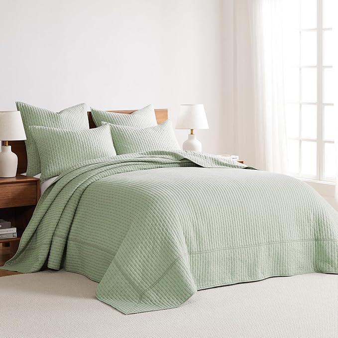 Levtex Home Cross Stitch Reversible Queen Bedspread Set (104x106in) with 2 Pillow Shams (26x20in) - Stitch Texture - Desert Sage - Cotton Queen Size Bedspread Set - Lightweight, Soft, Pre-Washed