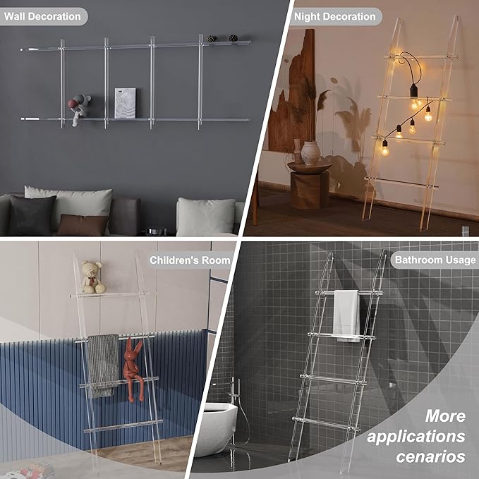 67 in Blanket Ladders, 4 Tier Modern Decor Waterproof Towel Rack for Bathroom, Living Room and Bedroom, Easy Assembly Transparent Blanket Holder, Leaning Quilt Ladder with Anti Slip Pads