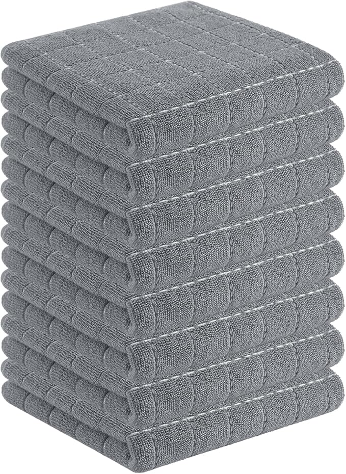 Homaxy 100% Cotton Terry Kitchen Towels(Grey, 13 x 28 inches), Checkered Designed, Soft and Super Absorbent Dish Towels, 8 Pack
