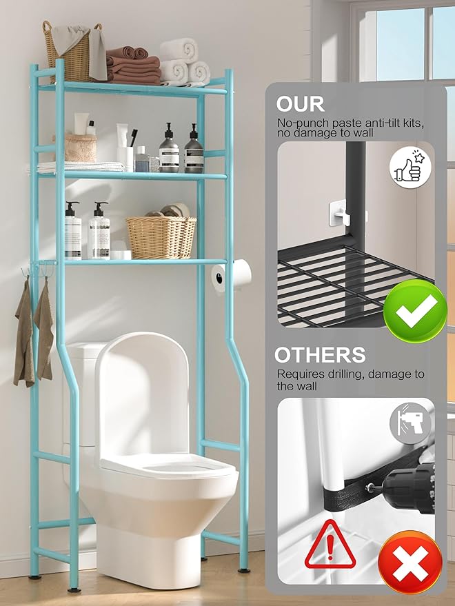 3-Tier Over The Toilet Storage, Space Saver Metal Bathroom Shelves, Freestanding Above Over Toilet Storage Shelf with 4 Hooks for Bathroom, Blue