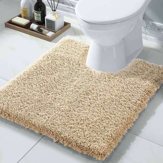 Yimobra U Shaped Toilet Bath Rug, Fluffy Plush, Super Shaggy Soft Non Slip, Water Absorbent Microfiber Bath Mat, Dries Quickly, Machine Washable Thick Bathroom Rugs, 20"x 24", Pure Beige