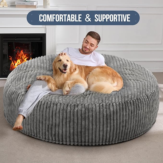 Hobestluk 6ft Bean Bag Chairs for Adults Large Beanbag Chair with Stripe Plush Cover Big Bean Bag Chair for Living Room Bedroom Dorm Office - Grey (70" x 70" x 15")