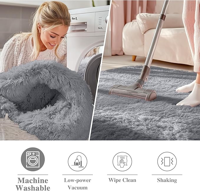 OLANLY Light Grey Round Rugs for Bedroom - Machine Washable, 8 ft Circle Area Rugs for Living Room, Soft and Fluffy Shaggy Carpet for Teen Girls and Boys, Nursery Rooms, Dorms, Home Decor Aesthetic