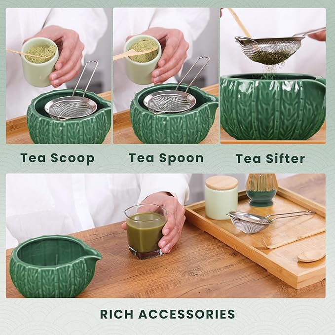 Matcha Whisk Set 6Pcs,Matcha Whisk (Chasen) and Holder,Matcha Bowl with Spout,Matcha Sifter and Matcha Spoon,Scoop for Matcha Maker Dark Green