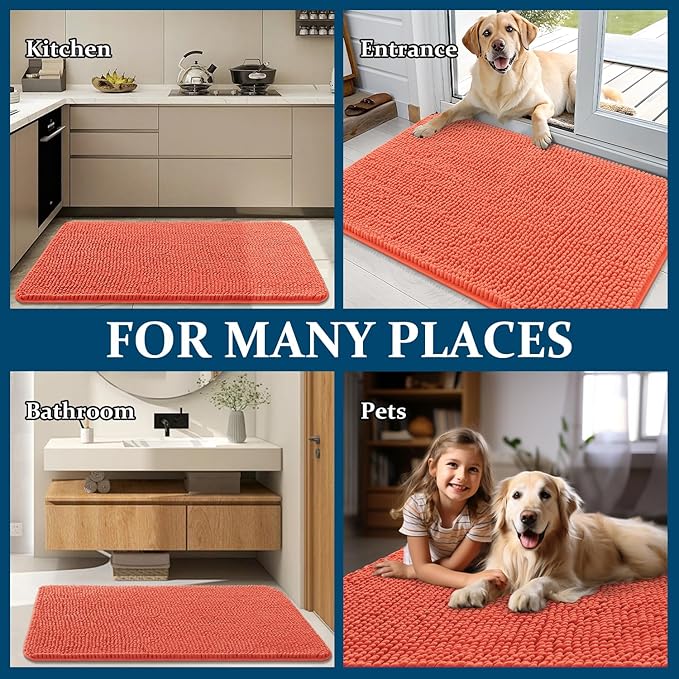 OLANLY Dog Door Mat for Muddy Paws 40x32, Absorbs Moisture and Dirt, Absorbent Non-Slip Washable Doormat, Quick Dry Chenille Mud Mat for Dogs, Entry Indoor Entryway Carpet for Inside Floor, Coral