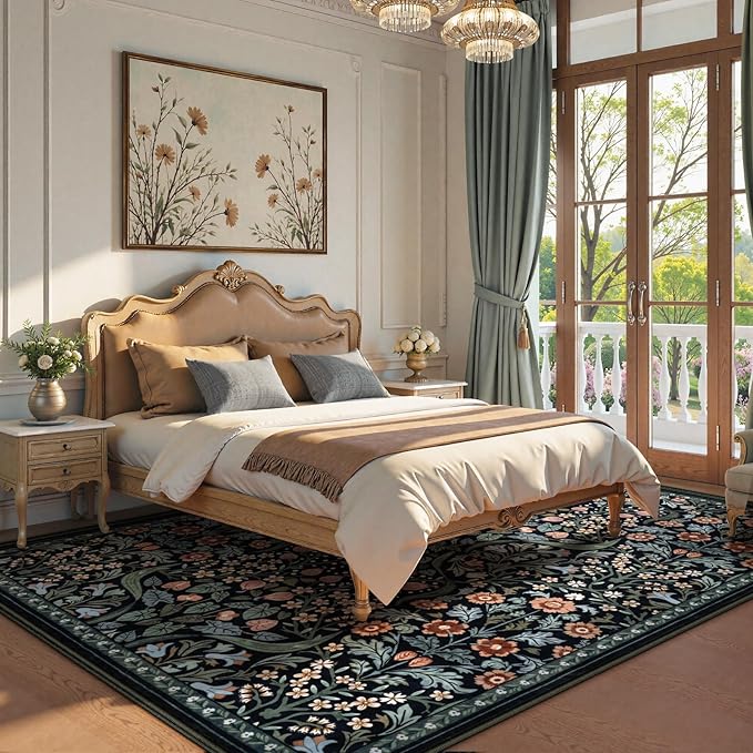 Lahome Floral 8x10 Black Rugs for Living Room, Soft Washable Large Area Rug for Bedroom Dining Room, Botanical Lightweight Stain-Resistant Boho Carpet for Guestroom Indoor