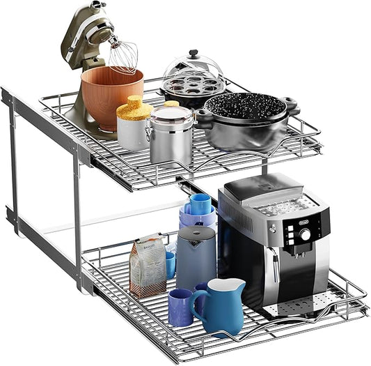 HOLDN’ STORAGE Two Tier Pull Out Cabinet Organizer, Individual Sliding Drawers - Heavy Duty Metal with Lifetime Limited Warranty - Anti Rust Chrome Finish - 20.5" W x 21”D x 16.5" H