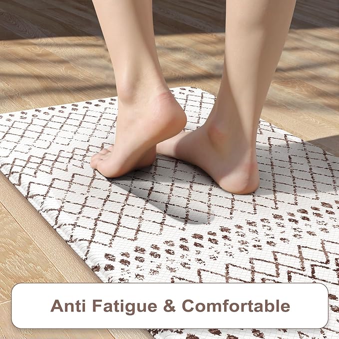KIMODE Kitchen Mats 2PCS,Cushioned Anti Fatigue Boho Kitchen Rugs and Mats,Non Slip Waterproof Kitchen Mats for Floor,Comfort Foam Standing Desk Mat for Home,Office,Sink,Laundry,Brown and White